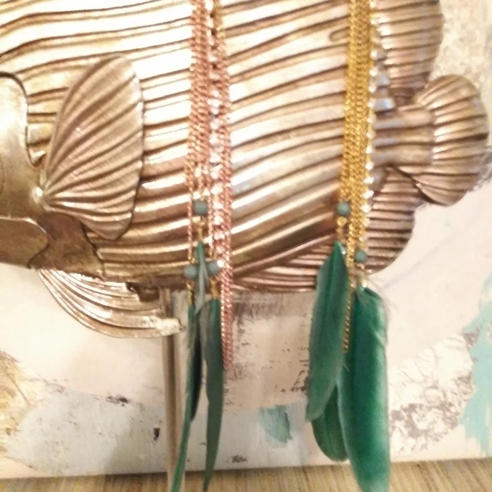 Feather Rhinestone Chain Long Earrings